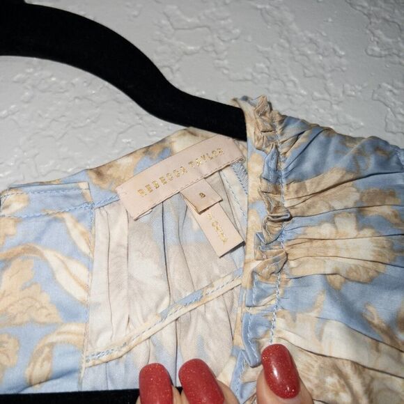 New Rebecca Taylor Blue Sky‎ Satin Leaf Floral Open Back Top Size 8 - Picture 6 of 12